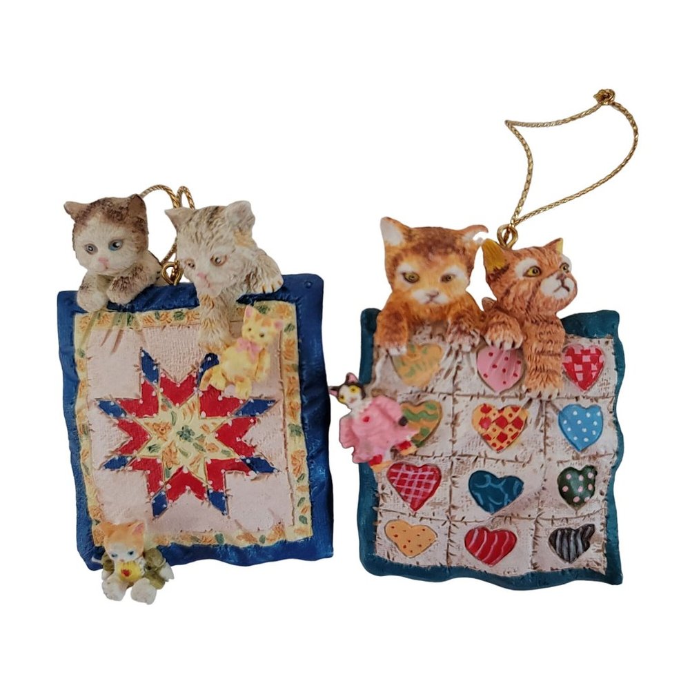 Kurt alder vintage kittens in quilt hand painted Christmas ornament set of 2